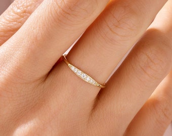 Solid Gold Wedding Band Ring, 14k Minimalist Ring for Women, Tiny Pave Diamond Cz Ring, Thin Stacking Band, Bridal Engagement Gifts for Her