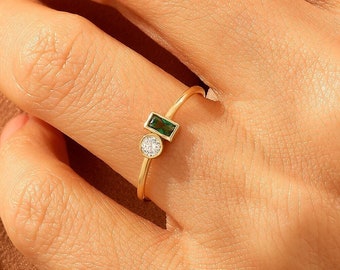 Solid Gold Toi et Moi Ring,14k Gold Emerald and Diamond Cz Ring for Women, You and Me Ring, Two Birthstone Ring, Personalized Gifts