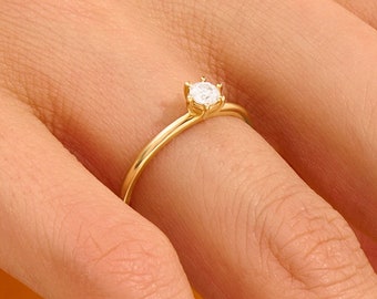 Solid Gold Round Moissanite Solitaire Ring, Small Classic Affordable Engagement Ring in 14k Solid Gold, Minimalist Plain Proposal Ring Women