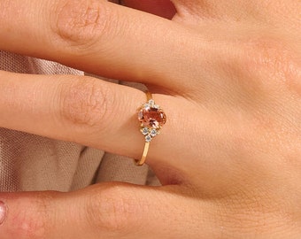 Padparadscha Sapphire Solitaire Ring, 14k Gold Vintage Engagement Ring, Orange Gemstone Proposal Ring, Solid Gold Womens Antique Ring