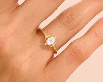 Oval Moissanite Engagement Ring, 14k Solid Gold Vintage Design Ring, Art Deco Solitaire Ring Women, Lab Created Diamond Promise Ring