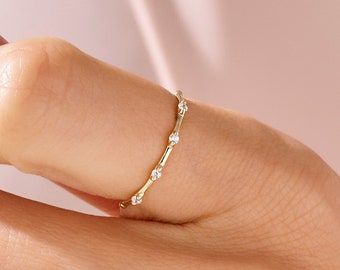 Anillo de bambú de oro macizo, anillo ultrafino de oro de 14 k, anillos apilables para mujer, anillo de hueso minimalista, anillo cz de diamante simple, banda delgada y delgada