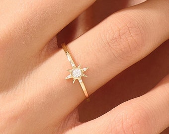 14k Starburst Ring, Solid Gold North Star Promise Ring Women, Diamond Cz Ring, Minimalist Celestial Band, Statement Ring, Handmade Jewelry