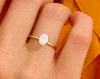 Anillo de solitario Moissanite de corte ovalado de 1ct, anillo de compromiso clásico minimalista para mujeres, anillo de propuesta de oro macizo de 14k 18k 10k, anillo de promesa delicada