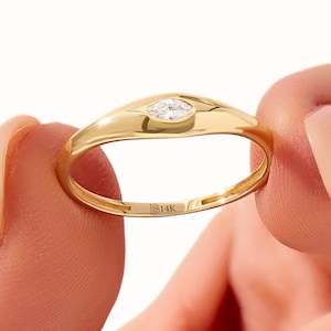 14K Marquise Signet Ring, Solid Gold Bezel Diamond Cz Ring, Womens Tiny Dome Ring, Minimalist Pinky Ring, Small East West Ring, Her Gifts