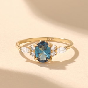 Anillo de compromiso de zafiro en oro macizo de 14 k: solitario de zafiro azul de laboratorio ovalado para mujer, joya de estilo vintage.