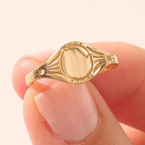 Anillo de sello de oro macizo de 14 k para mujer, anillo de meñique personalizado con nombre o inicial grabados, joyería con monograma de estilo vintage, regalo para mamá.