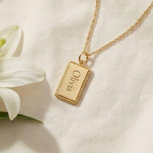 Engraved Pendant, 14K Solid Gold Rectangle Name Necklace, Custom Engravable Tag, Personalized Gold Pendant, Gift for Her image 3