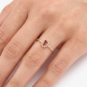 14K Solid Gold Pink Gemstone Tiny Halo Ring, Dainty Flower Birthstone Ring, Minimalist Lab Created Diamond Ring, Gift for Daughter