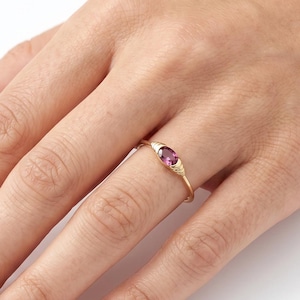 14K Solid Gold Lab-Grown Rhodolite Garnet Ring, Dainty Gemstone Pinky Ring, Minimalist Real Gold Stacking Ring, Gift for Women