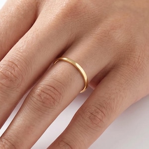 14K Solid Gold Wedding Band, 2mm Thin Flat Ring for Women, Minimalist Stacking Band, Plain Gold Jewelry
