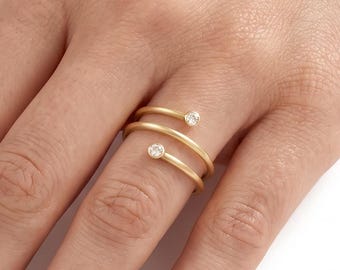 10K Solid Gold Spiral Wrap Ring | Diamond Double Coil Band | Minimalist Multi Layer Ring | Bezel Set Dainty Swirl Band | Modern Fine Jewelry