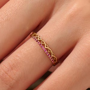 14k Solid Gold Celtic Wedding Ring – Dainty Ruby Band for Women, Vintage Inspired Stacking Engagement Ring, Unique Bridal Jewelry Gift
