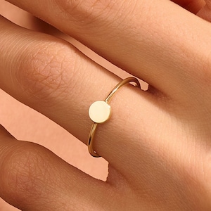 Tiny Round Initial Ring, 14k Solid Gold Minimalist Pinky Rings for Women, Slim All Finger Ring, Thin Circle Ring, Ladies Simple O Ring