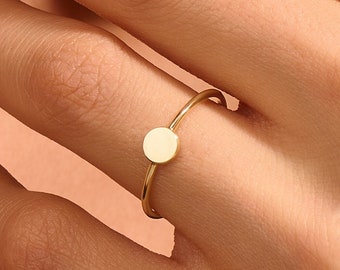 Tiny Round Initail Ring, 14k Solid Gold Minimalist Pinky Rings for Women, Slim All Finger Ring, Thin Circle Ring, Ladies Simple O Ring