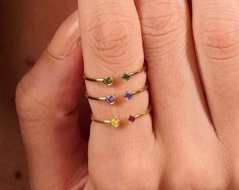 Solid Gold Double Birthstone Ring, 14k Gold Open Ring, Tiny Personalized Rings for Women, Custom Ring, Cuff Band Ring,Dainty Friendship Ring