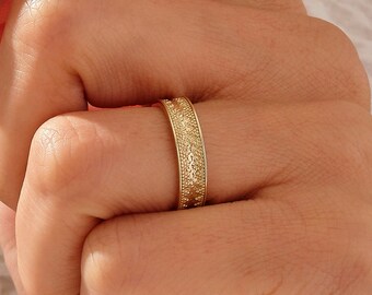Solid Gold Greek Wedding Band 14k Gold His and Hers Byzantine Ring Couples Matching Band Vintage Design Ring Mens Women's Thick Band Ring