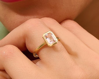 14k Solid Gold Pink Bezel Ring, Peach Morganite Engagement Ring, Emerald Cut Solitaire Ring, Pink Gemstone Anniversary Ring, Gift for Her