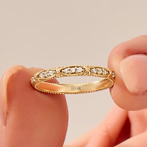 14k Solid Gold Art Deco Wedding Band Vintage Wedding Ring Pave Diamond Ring Eternity Band for Women 18kt Milgrain Band Ring Dainty Jewelry
