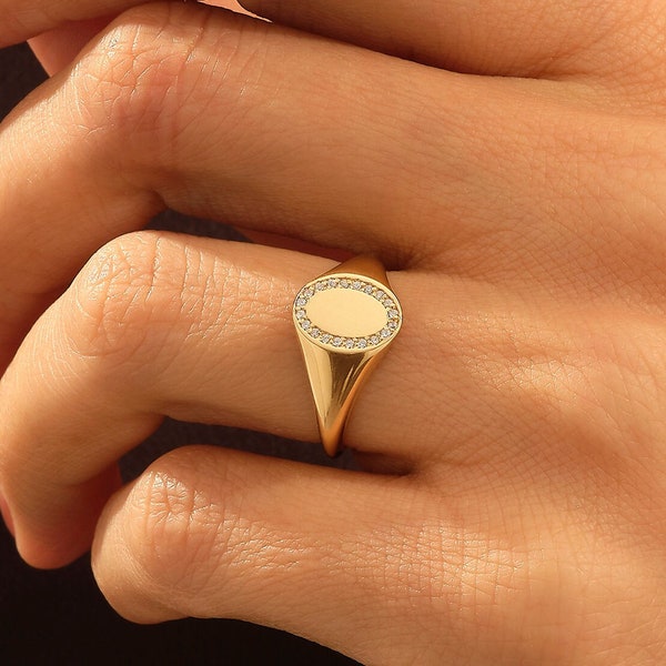 14k Gold Pave Lab Diamond Signet Ring, Custom Initial Oval Pinky Band, Personalized Monogram Statement Ring, Engraved Fine Jewelry