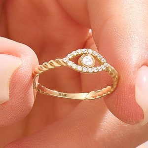 Tiny Evil Eye Ring 14k Solid Gold Pinky Protection Ring for Women Dainty Handmade Third Eye Jewelry Minimalist Gift for Her Wife Gift Ring