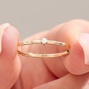 14k Solid Gold Promise Ring for Her, Dainty Solitaire Ring, Tiny Diamond Ring, Thin Gold Band, Minimalist Gold Ring for Women, Gift for Her