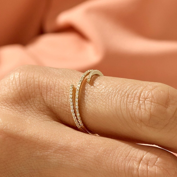Solid Gold Wrap Around Ring, 14k Statement Ring for Women, Pave Diamond Cz Ring, Real Gold Spiral Band Ring, Half Eternity Stacking Ring