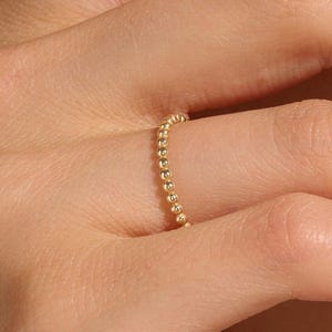 14K Solid Gold Beaded Ring, Minimalist 1mm Thin Stackable Band, Dainty Dotted Stacking Jewelry, Gift Her