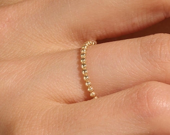 14K Solid Gold Beaded Ring, Minimalist 1mm Thin Stackable Band, Dainty Dotted Stacking Jewelry, Gift Her