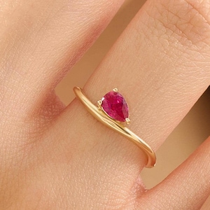 Pear Ruby Engagement Ring, 14K Solid Gold Curved Wave Band with Lab Created Ruby, Dainty Solitaire Ring