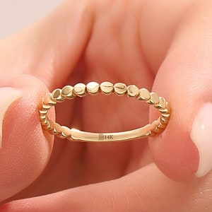 14k Solid Gold Stacking Rings for Women, Dainty Dot Stackable Band, Minimalist Flat Beaded Ring, Simple Wedding Jewelry Gift for Her