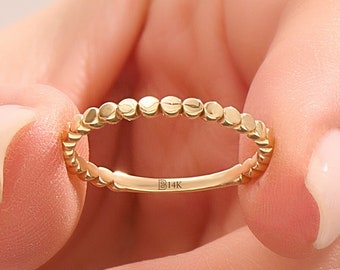 14k Solid Gold Stacking Rings for Women, Dainty Dot Stackable Band, Minimalist Flat Beaded Ring, Simple Wedding Jewelry Gift for Her