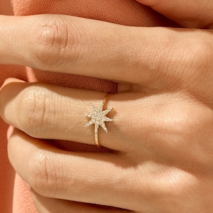 14k Solid Gold Star Ring, Northstar Ring for Women, Minimalist Ring, Pave Star Ring, Dainty Pinky Ring, Gift for Her, Wife, Mom, Mother