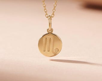 14K Solid Gold Zodiac Necklace, Personalized Astrology Pendant, Minimalist Horoscope Disc Charm, 12 Signs Celestial Jewelry, Gift for Her