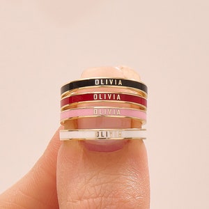 14k Solid Gold Personalized Wedding Band Name Custom Marriage Ring Women Colorful Enamel Band Slim Dainty Stacking Ring Handmade Jewelry