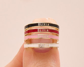 14k Solid Gold Personalized Wedding Band Name Custom Marriage Ring Women Colorful Enamel Band Slim Dainty Stacking Ring Handmade Jewelry