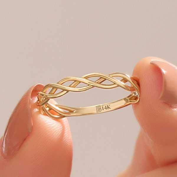 14k gouden Keltische knoop ring massief goud Ierse trouwring sierlijke knoop stapelen ring Womens minimalistische belofte ring gevlochten sieraden band ring