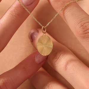 14k Gold Sun Pendant, Solid Gold Celestial Necklace for Women, Delicate Sunburst Pendant, Oval Shape Sunbeam Necklace, Ideal Birthday Gifts