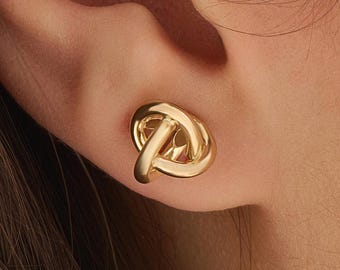 14K Solid Gold Knot Earrings, Interlocking Hoop Earring, Minimalist Double Loop Earrings, Dainty Everyday Jewelry, Gift for Her