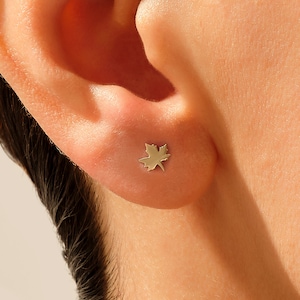 14k Solid Gold Maple Leaf Stud Earrings | Minimalist Leaf Studs, Fall Nature Lover Gift