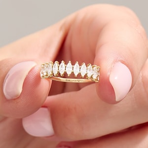 Marquise Half Eternity Wedding Band – 14K Solid Gold Dainty Gold Ring for Women, Unique Bridal Band,Minimalist Anniversary Fine Jewelry Gift