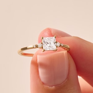 14k Solid Gold Princess Cut Moissanite Engagement Ring for Women, Simple Solitaire Proposal Ring, Modern Real Gold Promise Jewelry Gift