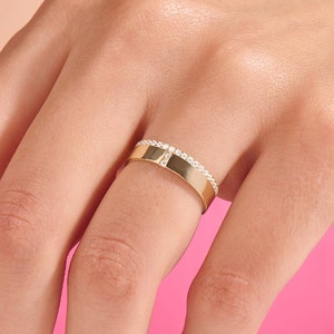 14K Solid Gold Side Pavé CZ Eternity Ring for Women, Unique Comfort Fit Wedding Band, Yellow Rose White Gold Dainty Marriage Jewelry