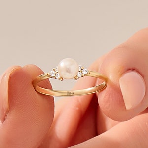 14k Pearl Ring, Solid Gold Dainty Engagement Ring for Women, Real Pearl Solitaire Band, Cute Proposal Ring, Diamond Cz Accented Gift Ring