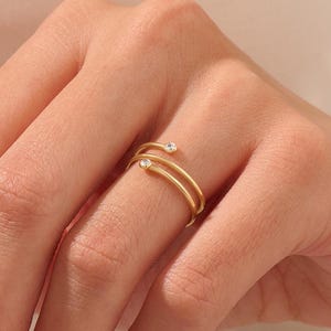 Bezel Set Diamond Wrap Ring 14K Solid Gold, Spiral Coil Open Band, Adjustable Stacking Ring