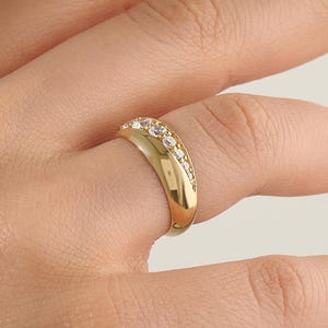 Solid Gold Pave Dome Ring, 14k Thick Wedding Bands for Women, Diamond Chunky Ring, Cigar Band Ring, Wedding Engagement Rings, Gift for Her