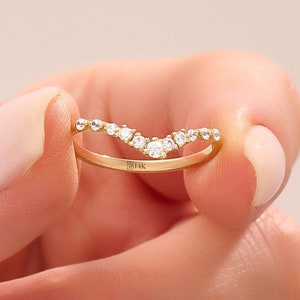 14k Solid Gold Curved Wedding Band • V Shaped Wishbone Enhancer Ring for Women • Pavé Diamond Chevron Contour Ring • Dainty Bridal Jewelry