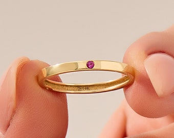 Tiny Ruby Slim Band Ring for Women, Thin Personalized Ring in 14k Real Solid Gold, Pink Color July Birthstone Marriage Ring,Handmade Jewelry
