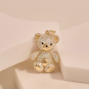 Colgante de osito de oro macizo, bonito collar de oro macizo de 14 k, dije estético, collar llamativo de pera gomosa inflada, colgante con símbolo de amor y cariño