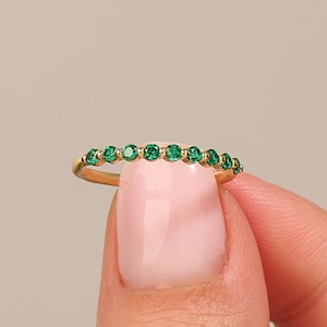 14k Solid Gold Emerald Ring Dainty Emerald Stacking Ring Women Half Eternity Emerald Band Minimalist Stackable Ring 18k Gold Jewelry Gift